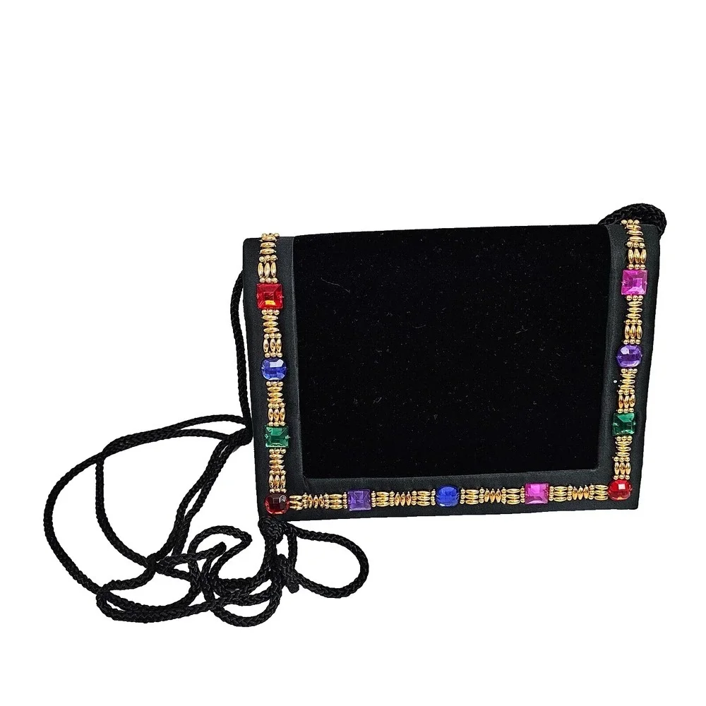 Vintage 90s Carolyne Barton Black Velvet Evening Bag Colorful Beaded Trim‎ Rope